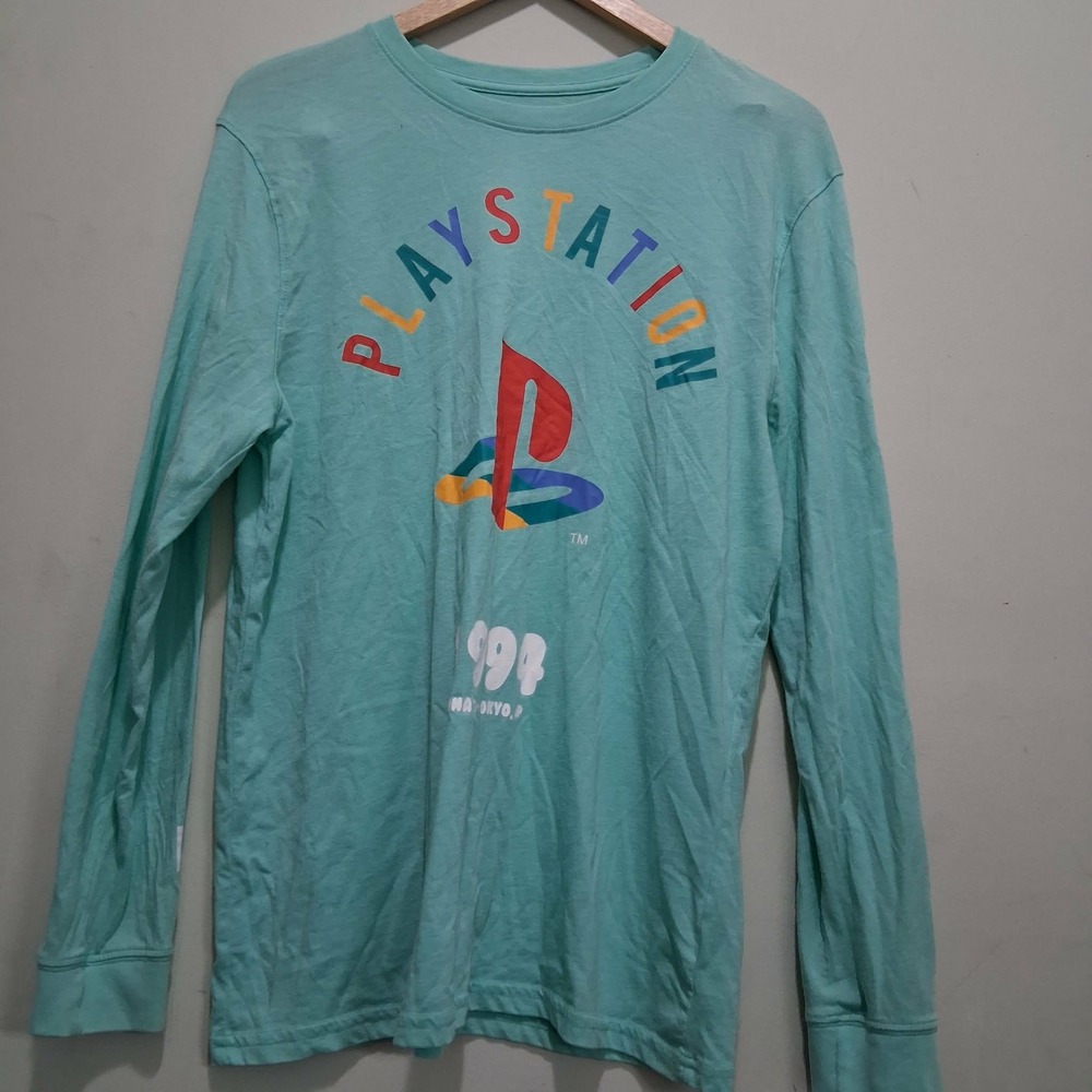 PlayStation Long Sleeve Graphic Tee Mens M Teal Green Retro Gaming 1994 Logo